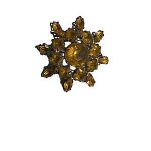 Vintage Brooch Pin Amber Colored Rhinestones Flower Shape Gold Tone 1.5" Across